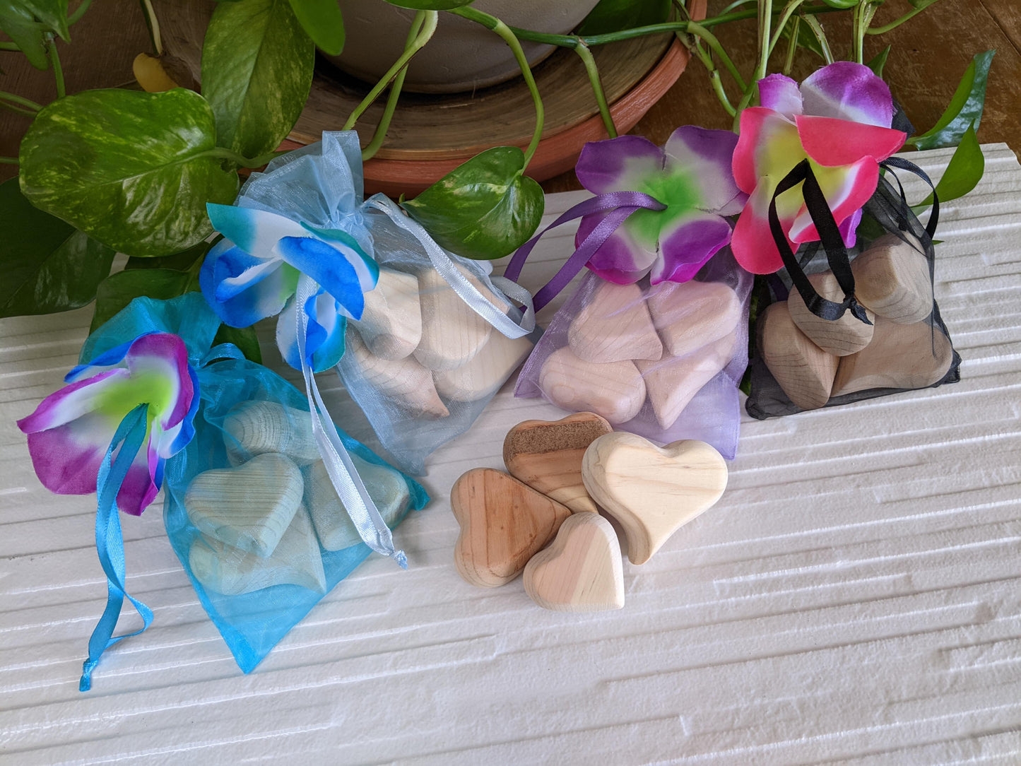 Four Small Handmade Wood Hearts - by Lillie Stones