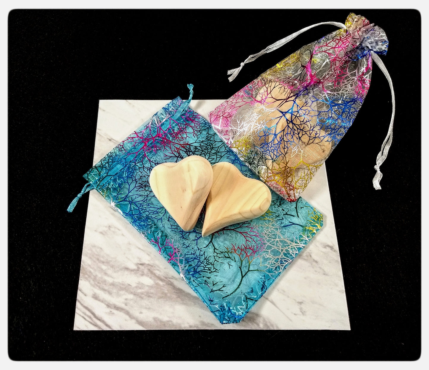 Two Handmade Wood Hearts / Colorful Pouch - by Lillie Stones