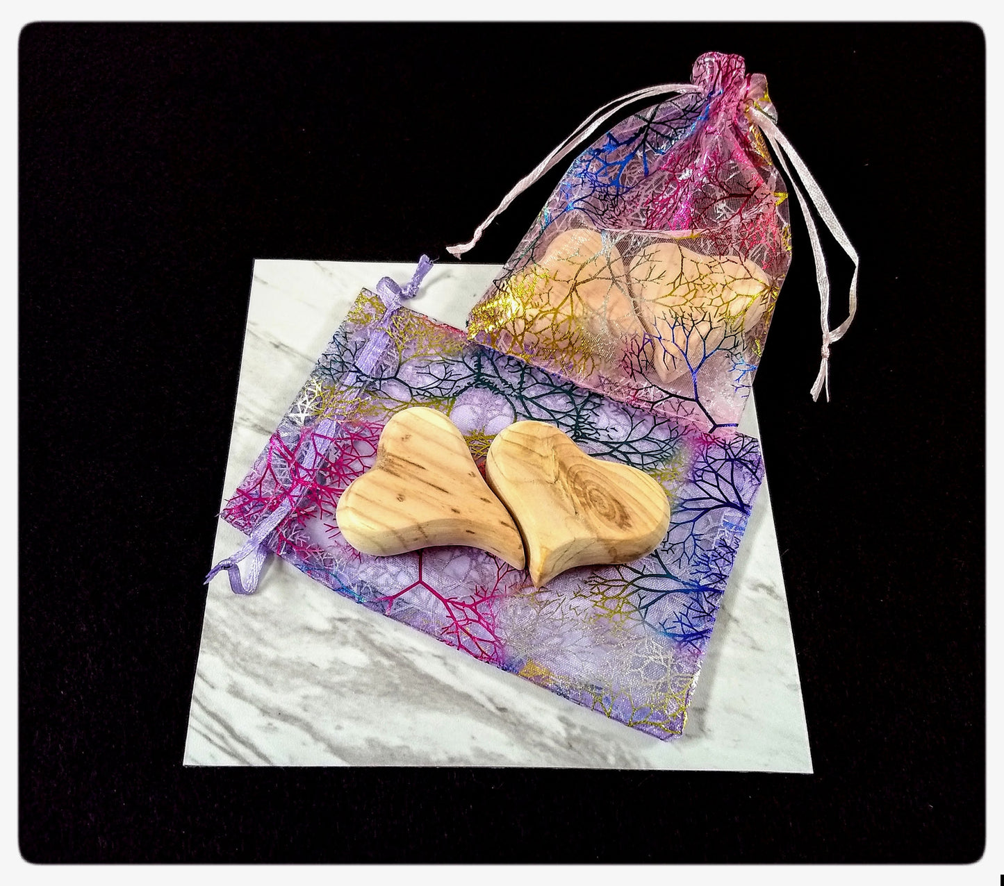 Two Handmade Wood Hearts / Colorful Pouch - by Lillie Stones