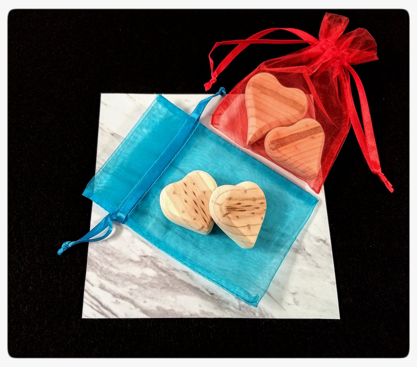 Two Small Wood Hearts In A Pouch - Keepsake - by Lillie Stones